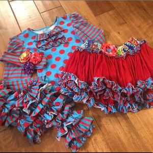 Mustard Pie Skirt, Shirt, Ruffle Leg Warmers